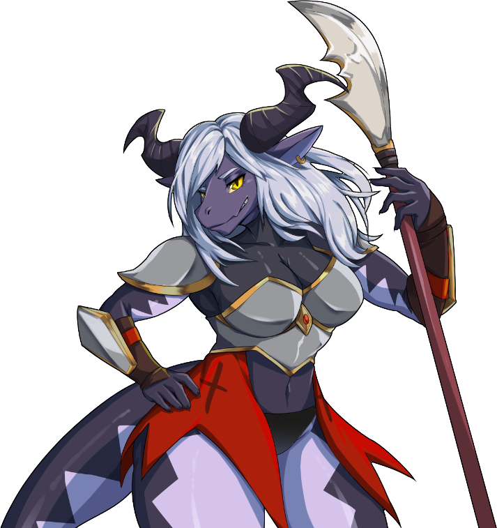 alpha_channel anthro armor dragon fantasy female glaive hair horn melee_weapon neofi polearm purple_body purple_scales scales simple_background solo tail transparent_background weapon white_hair yellow_eyes