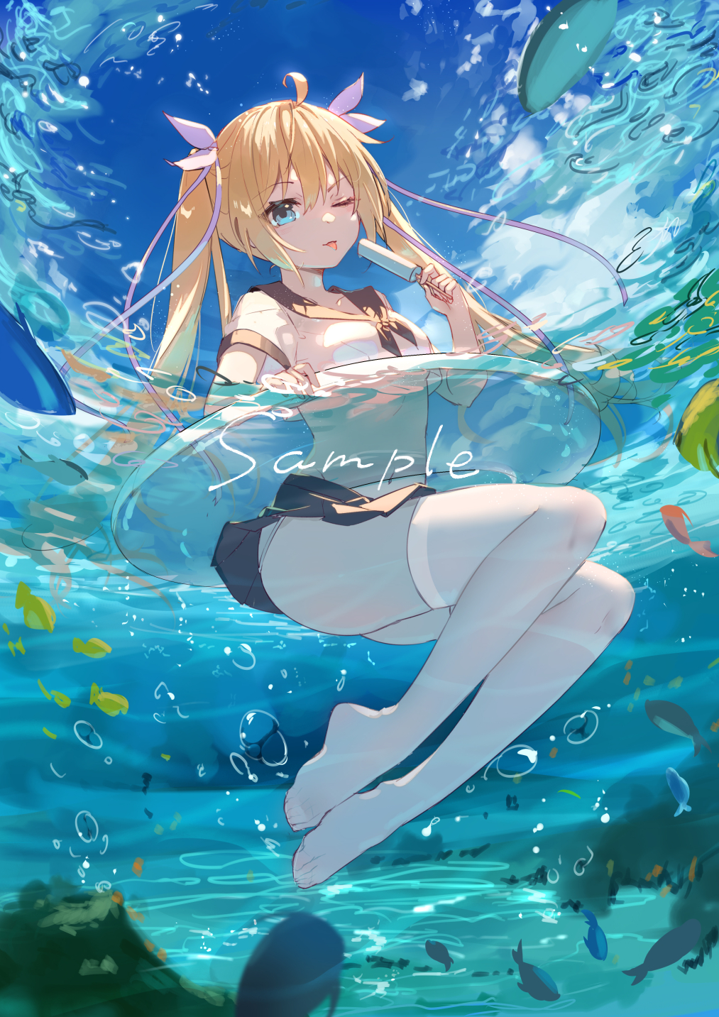 1girl ;p ahoge air_bubble animal bikini bikini_under_clothes black_skirt blonde_hair blue_eyes blue_sky bubble cloud commentary_request day fish food full_body hair_between_eyes hair_ribbon highres holding holding_food innertube long_hair looking_at_viewer mo_(pixiv9929995) navel no_shoes one_eye_closed original outdoors pleated_skirt popsicle ribbon sample_watermark shirt skirt sky solo swimsuit thighhighs tongue tongue_out transparent twintails very_long_hair water white_bikini white_ribbon white_shirt white_thighhighs