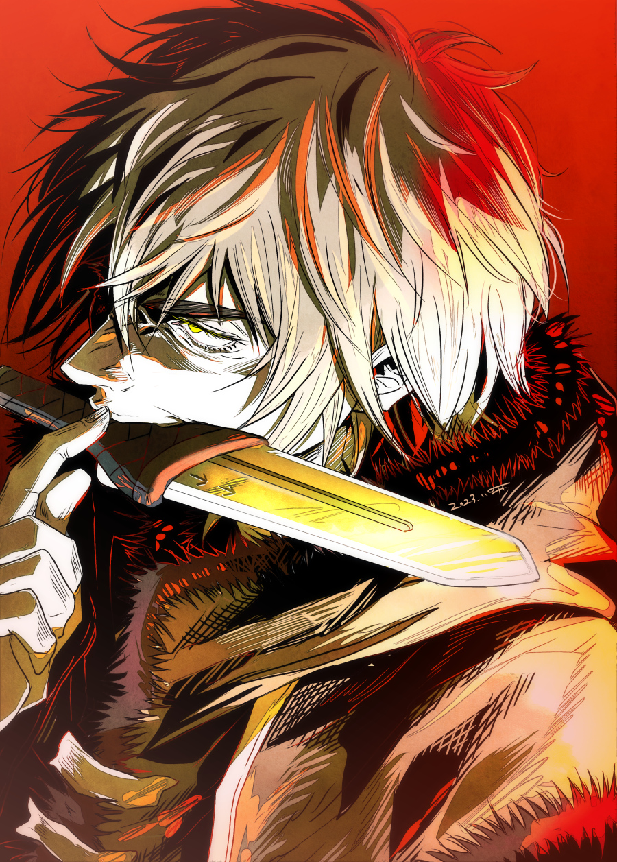 1boy blonde_hair chu_tencho dagger eyelashes frown head_tilt highres knife looking_to_the_side male_focus red_theme serious short_hair solo thorfinn upper_body viking vinland_saga weapon weapon_in_mouth yellow_eyes