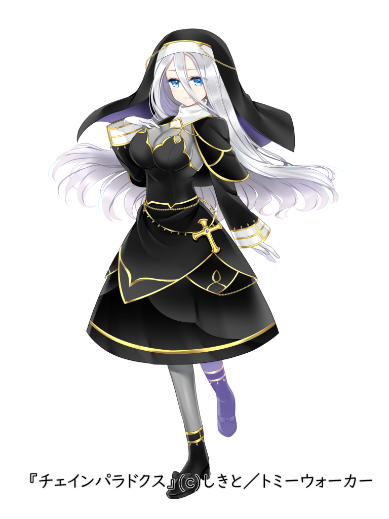 1girl black_capelet black_dress black_footwear blue_eyes boots breasts capelet chain_paradox character_request closed_mouth dress full_body gloves grey_hair grey_pantyhose hair_between_eyes hand_up large_breasts long_sleeves looking_at_viewer official_art pantyhose shikito simple_background sleeves_past_wrists smile solo standing standing_on_one_leg veil white_background white_gloves