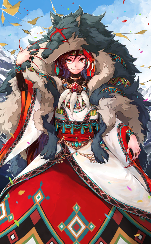1girl asymmetrical_bangs bandana black_sleeves blue_sky bracelet brown_hair closed_mouth cloud coat coat_on_shoulders confetti dress fang fang_out fingernails fur_coat grey_pupils hand_up hokuto_(scichil) imaizumi_kagerou jewelry layered_dress layered_sleeves leaf long_dress long_hair long_sleeves looking_at_viewer multiple_rings necklace official_alternate_costume official_art orange_eyes red_bandana red_eyes red_skirt ring scar scar_on_face sharp_fingernails skirt sky smile tassel third-party_source tooth_hair_ornament tooth_necklace touhou touhou_cannonball v-shaped_eyebrows white_dress wide_sleeves wolf