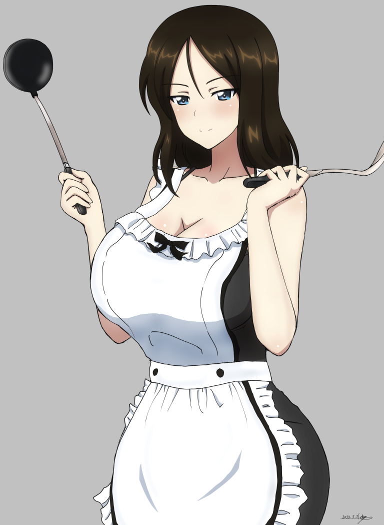 1girl apron black_hair blue_eyes breasts bukkuri cleavage closed_mouth collarbone commission dual_wielding frilled_apron frills girls_und_panzer grey_background hands_up holding holding_ladle holding_spatula ladle large_breasts long_hair nonna_(girls_und_panzer) pixiv_commission simple_background smile solo spatula