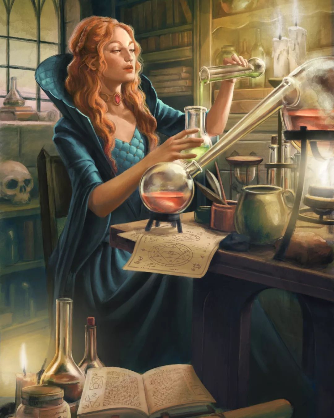 1girl alchemy arthurian_legend beaker beaker_holster book braid cape chemical_structure chemicals chemistry dress flask highres holding holding_test_tube laboratory liquid long_hair long_sleeves morgan_le_fay non-web_source open_mouth poorsailor potion red_hair round-bottom_flask skull structural_formula table test_tube test_tube_rack vial