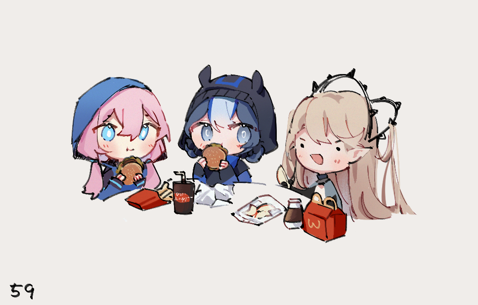 3girls arknights beanie black_headwear blue_eyes blue_hair blue_jacket blue_poison_(arknights) blush brown_hair burger chibi closed_mouth commentary cropped_torso cup dailybloopy eating english_commentary fan_request food french_fries glaucus_(arknights) grey_background hair_between_eyes hat holding holding_food hood hood_up hooded_jacket indigo_(arknights) jacket light_blue_hair long_hair long_sleeves low_twintails multiple_girls open_mouth pink_hair pointy_ears short_hair sidelocks simple_background twintails upper_body wcdonald's