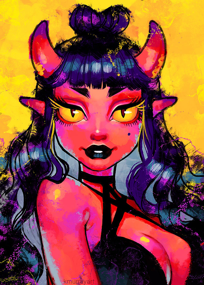 2_horns bangs black_hair black_lips bra breasts cleavage clothed clothing colored demon demon_humanoid dollightful ember_(dollightful) eyebrows eyelashes female hair horn humanoid humanoid_pointy_ears lips lipstick looking_at_viewer makeup markings mole_(marking) pupils red_body red_skin shaded slit_pupils smile smiling_at_viewer solo succubus underwear wavy_hair yellow_sclera