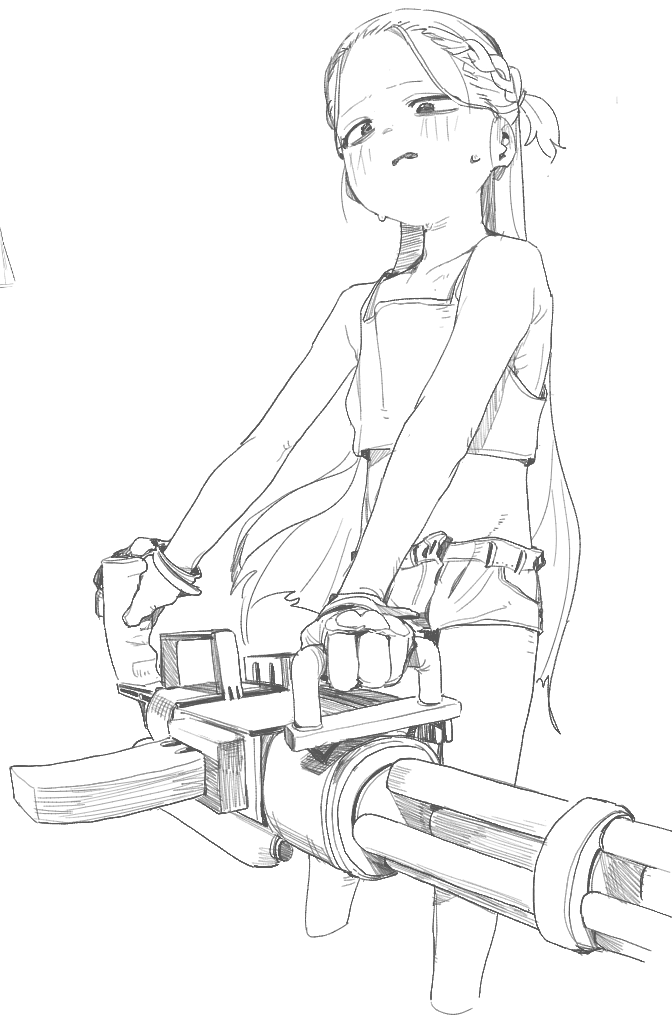 1girl alternate_costume armpit_crease blue_archive blush braid collarbone crop_top cropped_legs flat_chest forehead frown gatling_gun gloves greyscale groin gun hair_strand half-closed_eyes hatching_(texture) holding holding_gun holding_weapon lineart long_hair looking_down minigun monochrome rkgk_ojisan short_shorts shorts side_braid simple_background skinny solo sweat tank_top two-handed very_long_hair weapon yuzu_(blue_archive)