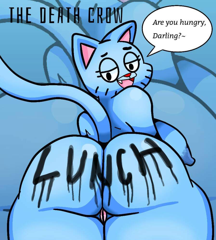 anthro big_butt black_eyes blue_body breasts butt cartoon_network domestic_cat english_text felid feline felis female genitals mammal nicole_watterson pussy solo tail text the_amazing_world_of_gumball thedeathcrow05 writing_on_butt