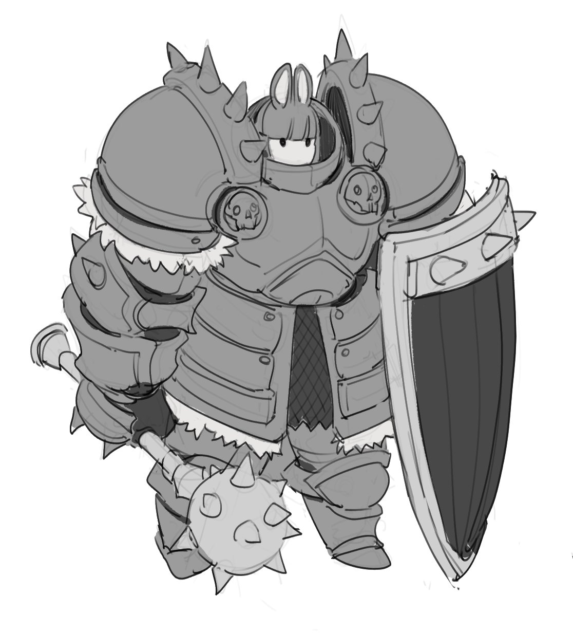 1girl animal_ears armor blunt_bangs covered_mouth fur-trimmed_armor fur_trim gauntlets greaves greyscale highres holding holding_mace holding_shield kite_shield mace monochrome no_headwear original pauldrons pikat rabbit_ears shield shoulder_armor shoulder_spikes sketch skull solid_oval_eyes solo spiked_gauntlets spiked_mace spiked_pauldrons spiked_shield spikes weapon white_background