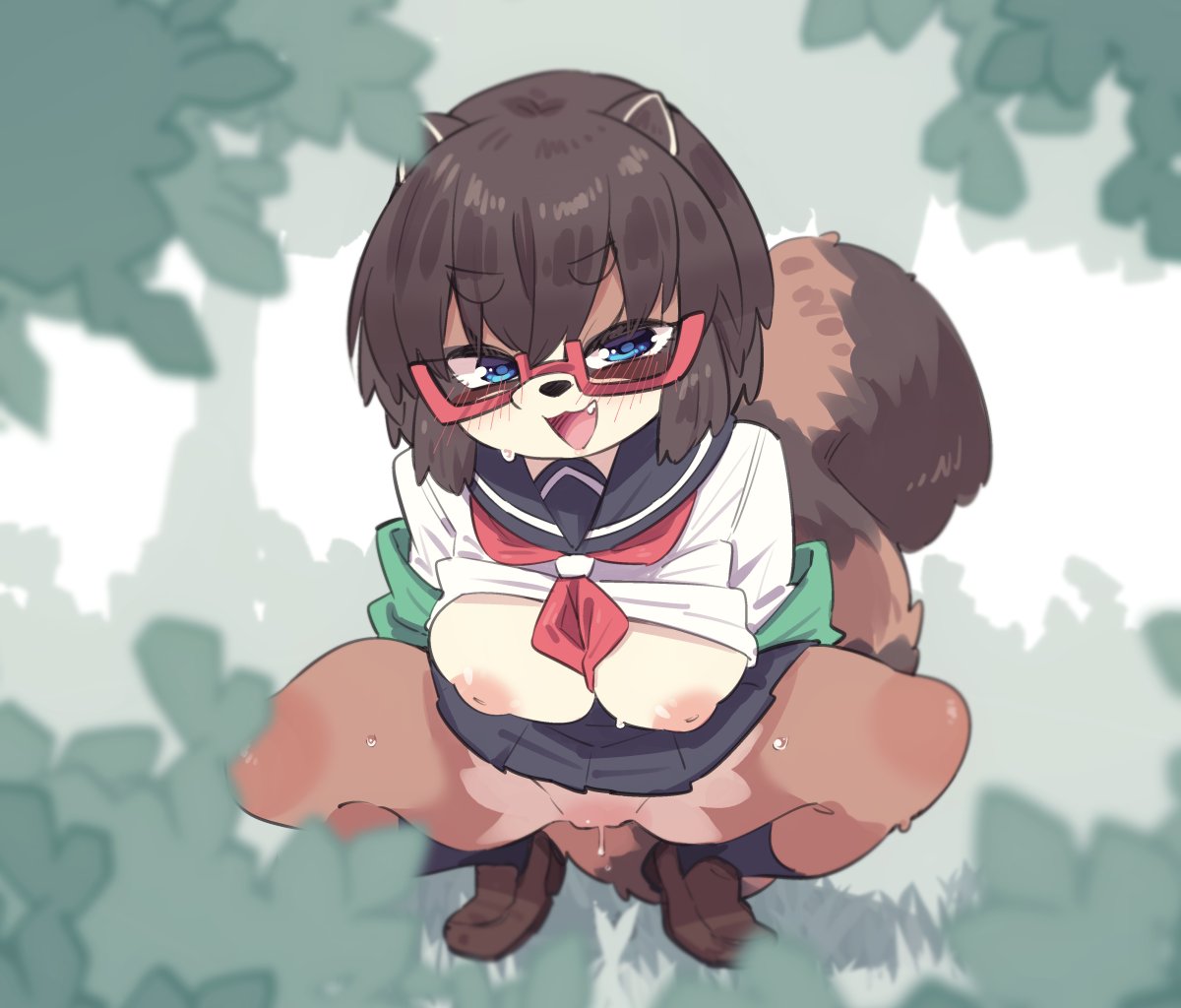 anthro areola biped blue_eyes blush bodily_fluids bottomwear breasts brown_body brown_fur brown_hair canid canine clothed clothing countershade_fur countershading crouching dripping exposed_breasts eyebrow_through_hair eyebrows eyewear female fluffy fluffy_tail footwear forest front_view fur genital_fluids genitals glasses glasses_tanuki_(youki029) hair inverted_nipples looking_at_viewer mammal markings nipples no_underwear open_mouth outside plant pussy pussy_juice pussy_juice_drip raccoon_dog raised_clothing raised_topwear ring_(marking) ringtail school_uniform shoes skirt solo spread_legs spreading sweat tail tail_markings tanuki topwear translucent translucent_hair tree uniform youki029