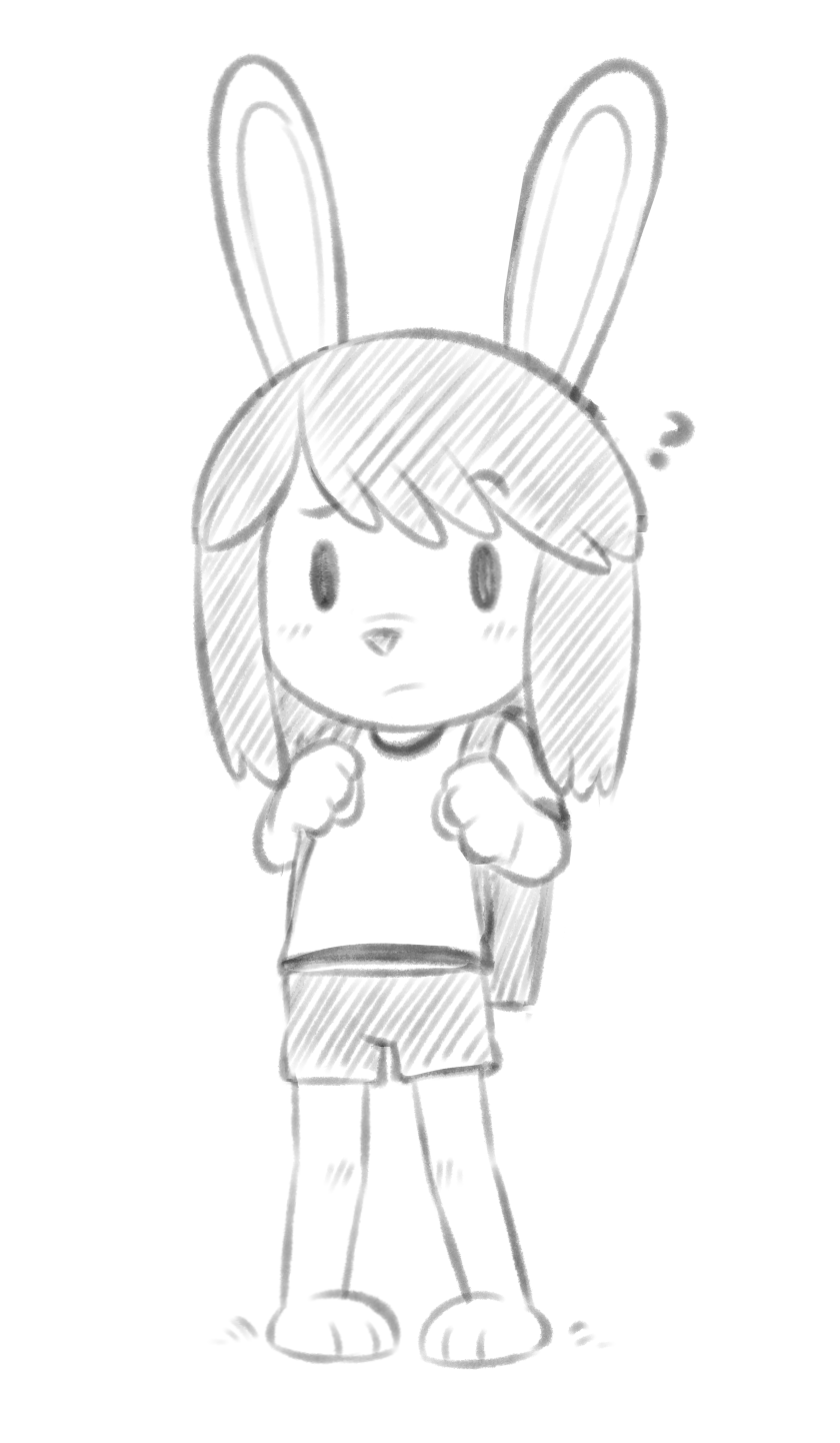 anthro backpack barefoot bottomwear child clothing elinor_rabbit elinor_wonders_why eyebrows feet female greyscale hi_res lagomorph leporid looking_at_viewer mammal monochrome question_mark rabbit rabbit_ears raised_eyebrow shinodage shirt shorts simple_background solo standing topwear white_background young