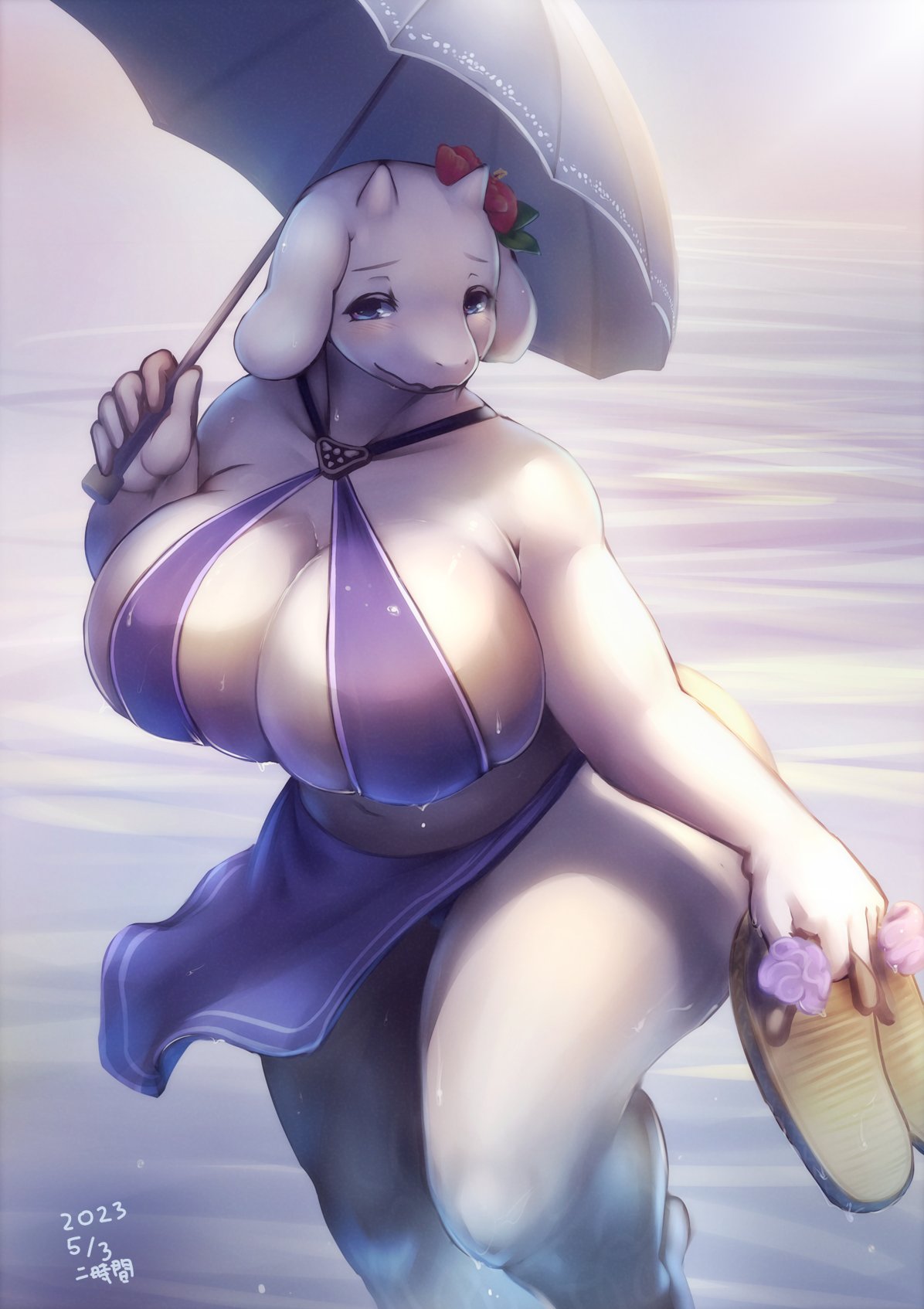 anthro big_breasts blush boss_monster bovid breasts caprine clothed clothing female hi_res horn mammal mature_female ni_jikan solo swimwear toriel undertale undertale_(series) water white_body