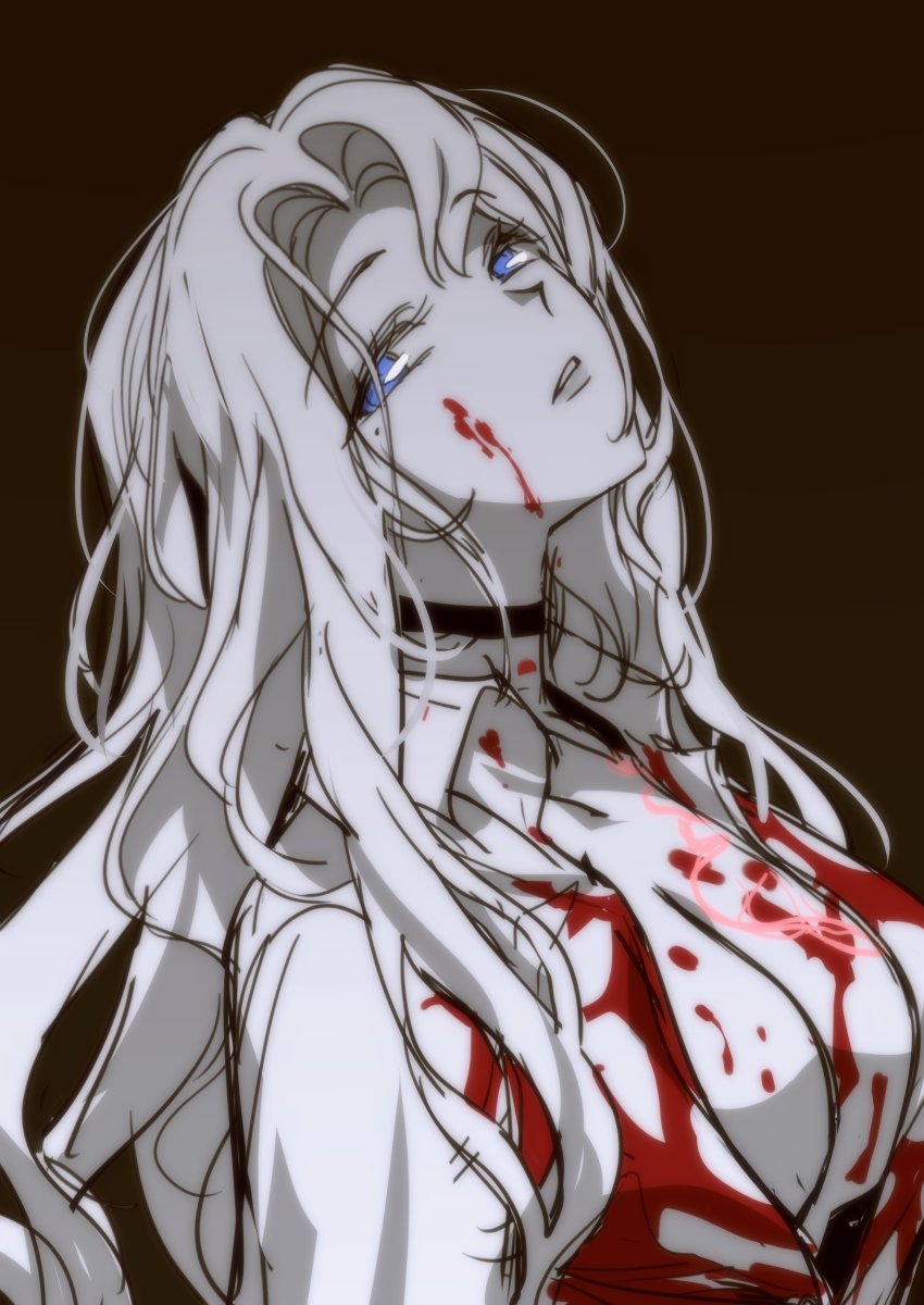 1girl bbunny blood blood_on_breasts blood_on_clothes blue_eyes breasts brown_background choker cleavage collared_shirt greyscale greyscale_with_colored_background head_tilt highres large_breasts limbus_company long_hair looking_at_viewer mole mole_under_eye monochrome open_clothes open_shirt parted_bangs parted_lips project_moon rodion_(limbus_company) shirt sidelocks solo spot_color upper_body very_long_hair