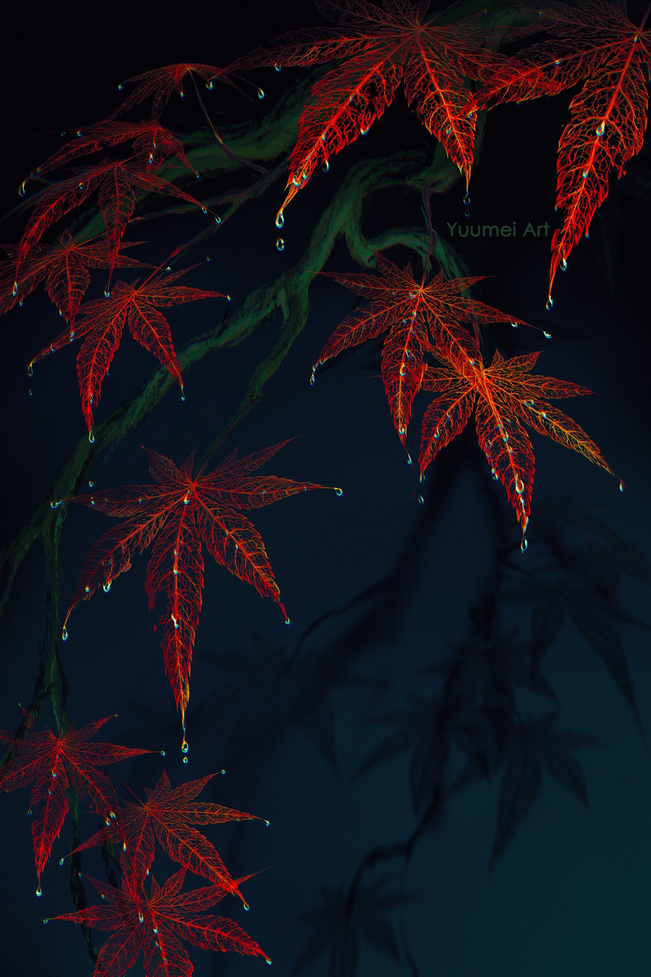 artist_name autumn autumn_leaves blue_background commentary dew_drop english_commentary highres leaf maple_leaf no_humans original plant plant_focus shadow vines water_drop watermark wet yuumei