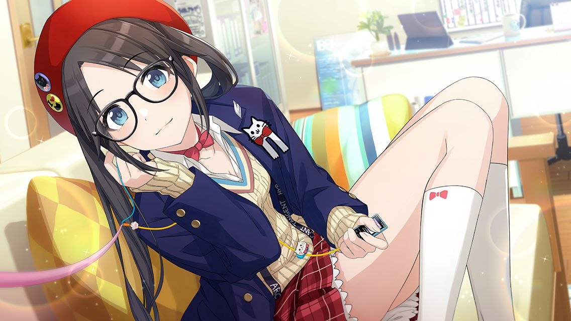 1girl badge black-framed_eyewear blazer blue_eyes blue_jacket blush bow bowtie breasts brown_hair button_badge cleavage collarbone collared_shirt commentary couch desk digital_media_player earphones feet_out_of_frame game_cg glasses head_tilt idolmaster idolmaster_shiny_colors indoors jacket lens_flare light_particles long_hair looking_at_viewer mitsumine_yuika official_art on_couch open_collar parted_bangs pillow plaid plaid_skirt red_bow red_bowtie red_skirt shared_earphones shirt sitting skirt small_breasts smile socks solo sparkle sweater thighs twintails white_socks yellow_sweater
