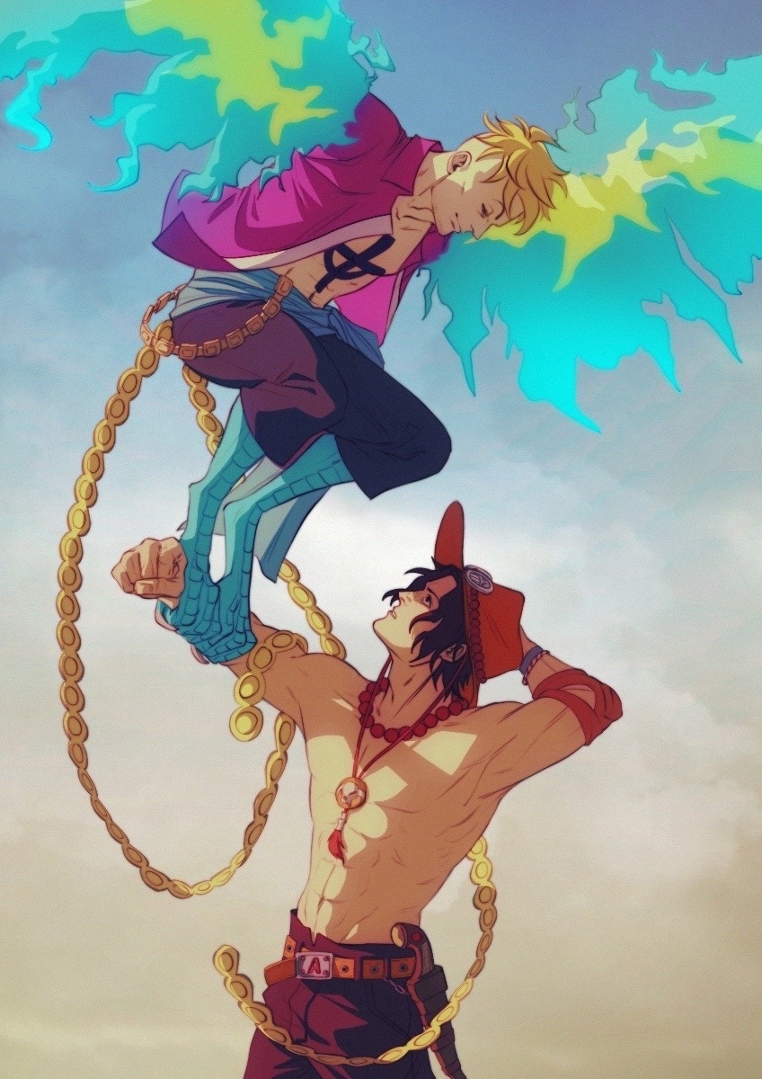 2boys abs anchor_tattoo animal_feet armband bead_necklace beads black_eyes black_hair blonde_hair chest_tattoo clenched_hand closed_mouth commentary cowboy_hat fiery_wings hand_on_headwear harpy_boy hat highres jewelry looking_at_another looking_up male_focus marco_(one_piece) mohawk monster_boy multiple_boys necklace one_piece open_clothes orange_headwear portgas_d._ace purple_shirt shirt short_hair sid_(skxviii) standing talons tattoo topless_male wings