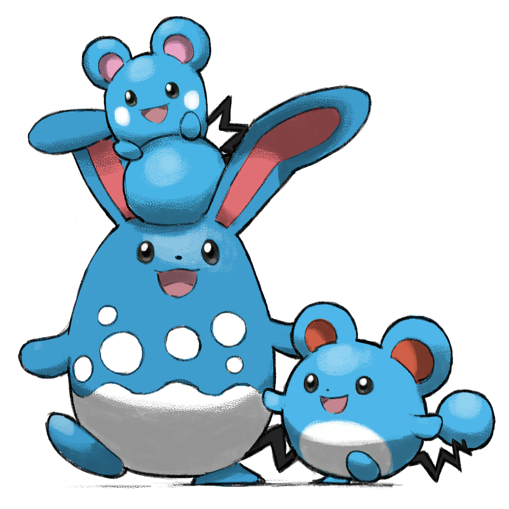 :3 animal_ears azumarill azurill blacknirrow commentary english_commentary evolutionary_line full_body marill mouse_ears no_humans open_mouth pokemon pokemon_(creature) simple_background sitting sitting_on_person smile tail white_background