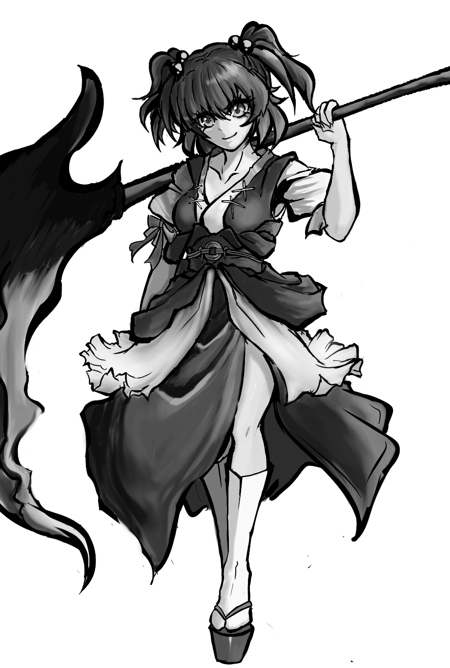 1girl breasts closed_mouth collarbone full_body greyscale hair_bobbles hair_ornament head_tilt highres holding holding_scythe inoshin_(inixia1748) kneehighs light_smile looking_at_viewer medium_breasts medium_hair monochrome onozuka_komachi over_shoulder puffy_short_sleeves puffy_sleeves scythe shirt short_sleeves simple_background skirt socks solo touhou two_side_up vest weapon weapon_over_shoulder white_background