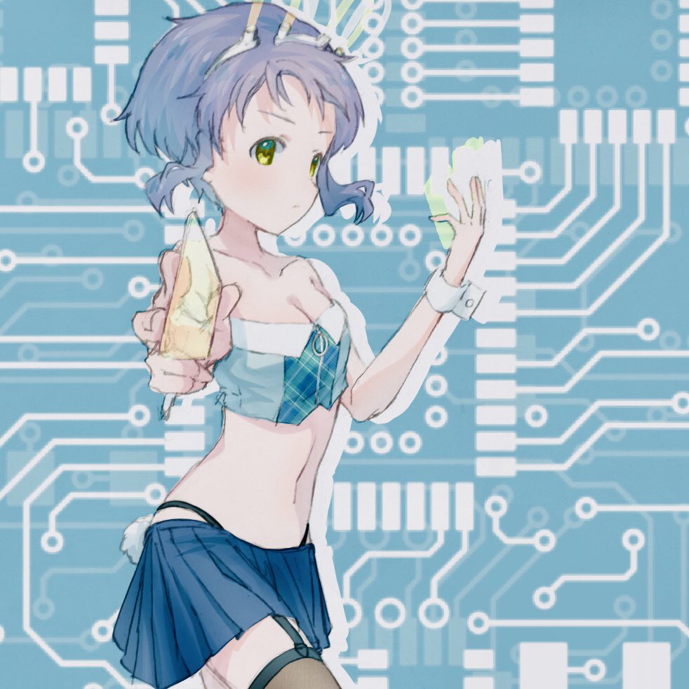 1girl bare_shoulders black_panties black_thighhighs blue_background blue_shirt blue_skirt breasts card circuit_board cleavage collarbone commentary_request cowboy_shot crop_top garter_straps highleg highleg_panties holding holding_card idolmaster idolmaster_million_live! idolmaster_million_live!_theater_days legs makabe_mizuki miniskirt navel panties pasta_million39 pleated_skirt purple_hair rabbit_ears_antenna serious shirt short_hair sidelocks skirt small_breasts solo stomach thighhighs thighs thong underwear yellow_eyes