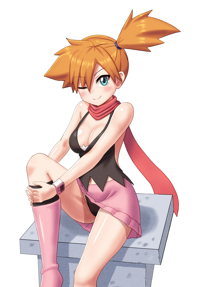 1girl ;) alternate_breast_size black_panties blush boots breasts cleavage commentary_request cosplay dawn_(pokemon) dawn_(pokemon)_(cosplay) els_(ljhlee12) green_eyes kneehighs misty_(pokemon) one_eye_closed one_side_up orange_hair panties pink_footwear pokemon pokemon_(anime) pokemon_(classic_anime) pokemon_dppt_(anime) scarf shiny_skin shirt sitting skirt sleeveless sleeveless_shirt smile socks solo torn_clothes torn_shirt underwear white_background