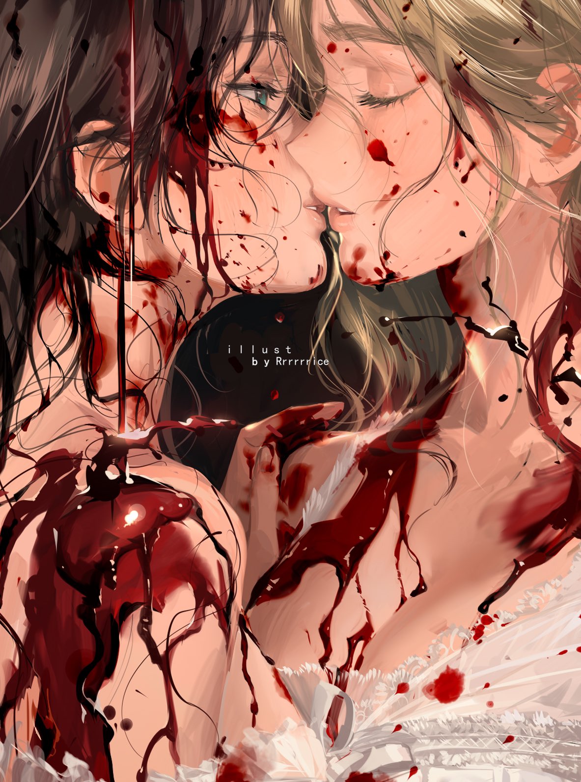 2girls artist_name black_hair blonde_hair blood blood_on_face breasts cleavage closed_eyes hand_on_another's_shoulder highres imminent_kiss looking_at_another multiple_girls original rrr_(reason) yuri