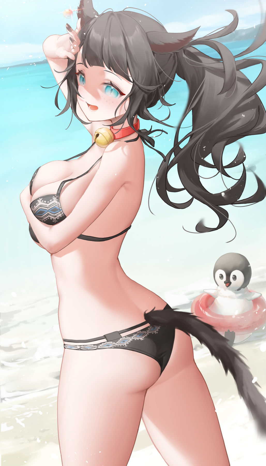 1girl animal_ears arm_across_chest arm_up ass beach bell bikini bird black_bikini black_hair black_nails blue_eyes blue_sky borrowed_character breasts cleavage commentary commission day ear_ornament freckles highres innertube long_hair metatarou neck_bell ocean open_mouth original outdoors penguin ponytail shading_eyes skeb_commission sky smile solo swimsuit tail