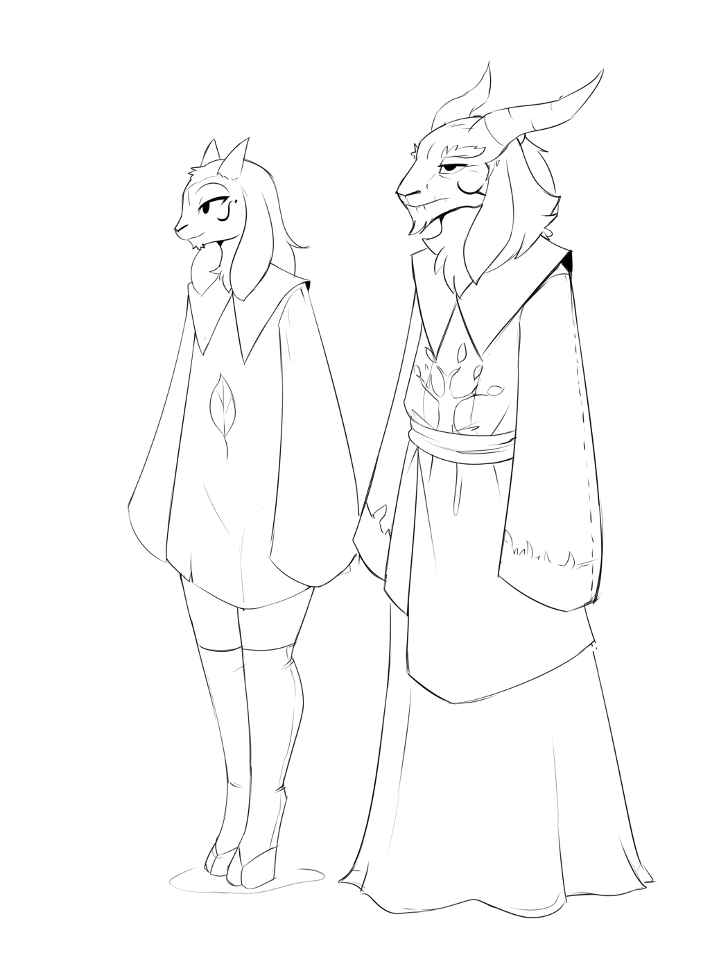 2022 anthro clothed clothing duo fully_clothed girokett greyscale hi_res hooves horn line_art male mammal monochrome simple_background standing white_background