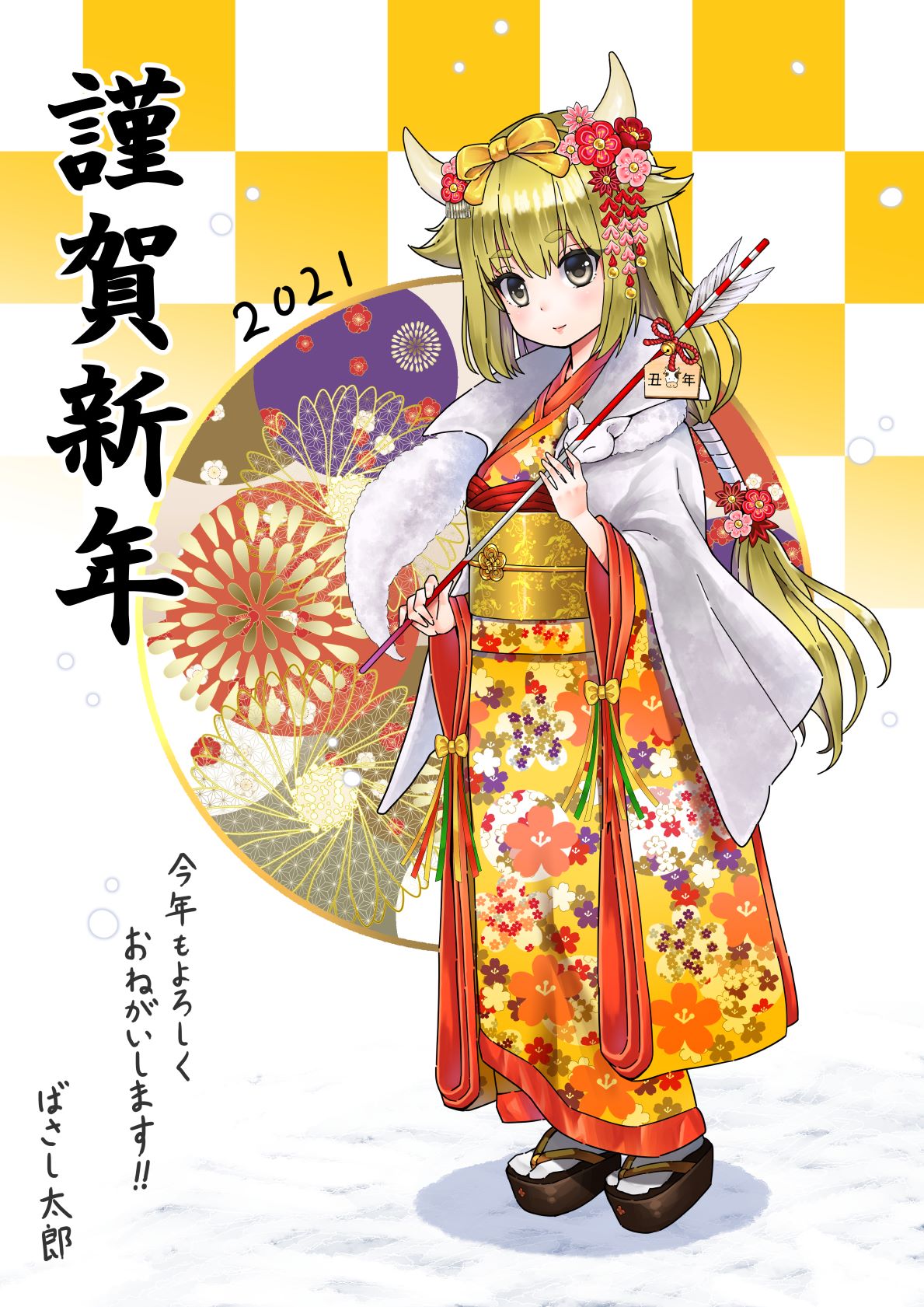 1girl arrow_(projectile) artist_name basashi_tarou blonde_hair bow_hairband cape checkered_background chinese_zodiac closed_mouth commentary cow_horns ema fake_horns floral_print flower fox full_body goou_yoshimitsu hair_flaps hair_flower hair_ornament hairband hamaya happy_new_year highres holding holding_arrow horns japanese_clothes kimono lips long_sleeves low_ponytail obi obijime platform_footwear sash solo standing tenka_hyakken thick_eyebrows wide_sleeves year_of_the_ox yellow_eyes yellow_kimono zouri