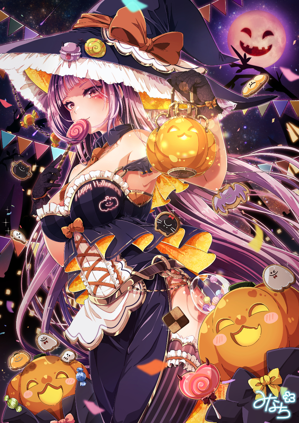 1girl bare_shoulders bat_(animal) blue_dress bow bowtie breasts candy commentary cowboy_shot detached_collar dress english_commentary food food-themed_hair_ornament ghost hair_ornament halloween hat highres holding holding_food holding_pumpkin holding_vegetable jack-o'-lantern large_breasts lollipop long_hair moon orange_bow orange_bowtie orange_ribbon original outdoors pink_hair pumpkin pumpkin_hair_ornament purple_eyes purple_hair ribbon shidou_riko side_slit striped striped_thighhighs swirl_lollipop thighhighs vegetable vertical-striped_thighhighs vertical_stripes witch witch_hat