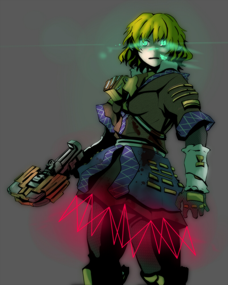 1girl arm_warmers black_dress black_gloves black_pantyhose black_skirt blonde_hair blood blood_on_clothes breasts brown_shirt commentary_request cowboy_shot dead_space dress gloves glowing glowing_eyes green_eyes grey_background hair_between_eyes laser looking_at_viewer medium_bangs mizuhashi_parsee open_mouth pantyhose plasma_cutter pointy_ears shirt short_hair short_sleeves skirt small_breasts solo standing touhou yaruku