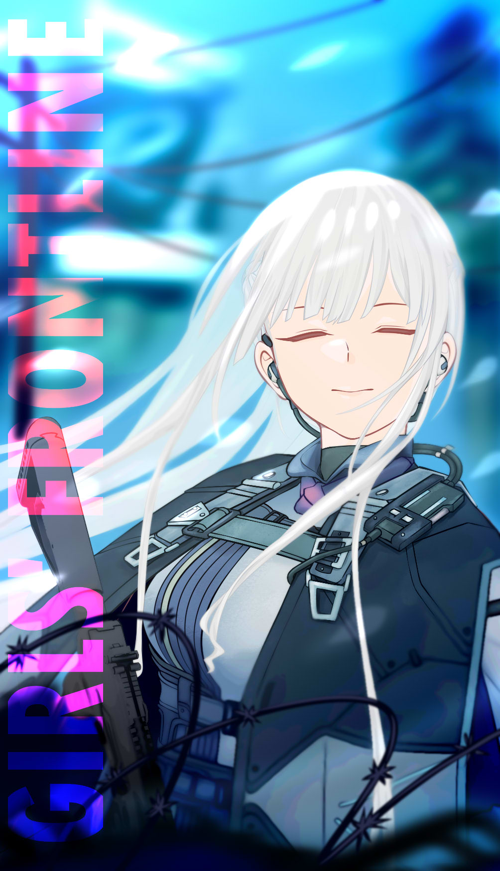 1girl ak-12 ak-12_(girls'_frontline) assault_rifle breasts closed_eyes closed_mouth copyright_name earpiece girls'_frontline grey_hair gun highres holding holding_gun holding_weapon kalashnikov_rifle long_hair looking_at_viewer rifle samsam_s2s sidelocks smile solo tactical_clothes upper_body weapon