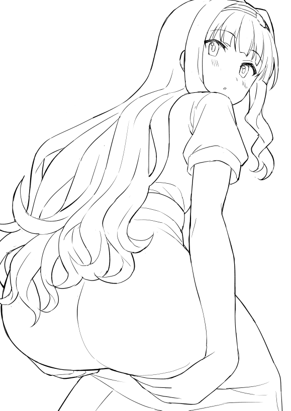 1girl :o ass ass_focus blue_shirt blush from_behind grey_skirt greyscale hairband hands_on_own_hips idolmaster idolmaster_(classic) idolmaster_million_live! idolmaster_million_live!_theater_days long_hair looking_at_viewer looking_back monochrome open_mouth parted_lips perapera plaid plaid_skirt red_eyes shijou_takane shirt short_sleeves simple_background skirt skirt_hold solo squatting white_background