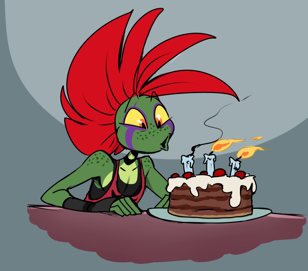 anthro ash_(g-h-) birthday_cake cake candle choker clothing dessert fingerless_gloves food freckles freckles_on_shoulders gecko ghastlygh gloves green_body green_scales grey_background hair handwear jewelry lizard male mohawk necklace red_hair reptile scales scalie shirt simple_background solo tank_top topwear wide_eyed yellow_sclera