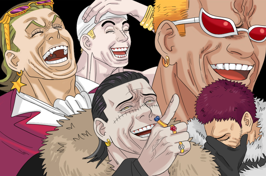 5boys adam's_apple black_hair character_request charlotte_katakuri crocodile_(one_piece) donquixote_doflamingo earrings enel facepalm hair_slicked_back hand_on_own_head jewelry laughing male_focus mature_male mg_cls multiple_boys multiple_rings one_piece pale_skin parody_request pointing pointing_forward ring scar scar_on_face scar_on_nose short_hair sideburns stitches thick_neck upper_body veiny_face wrinkled_skin