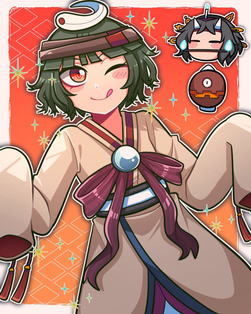 1jumangoku 2others ;q argyle argyle_background black_hair blunt_bangs blush_stickers brown_headband brown_kimono candle chibi chibi_inset commentary cosplay gradient_background green_hair hairband head_only headband horns japanese_clothes kimono lamp len'en mouth_hold multiple_others one_eye_closed orange_background para_(len'en) red_eyes short_hair sleeves_past_fingers sleeves_past_wrists smile sparkle taira_no_chouki taira_no_chouki_(cosplay) tongue tongue_out wide_sleeves