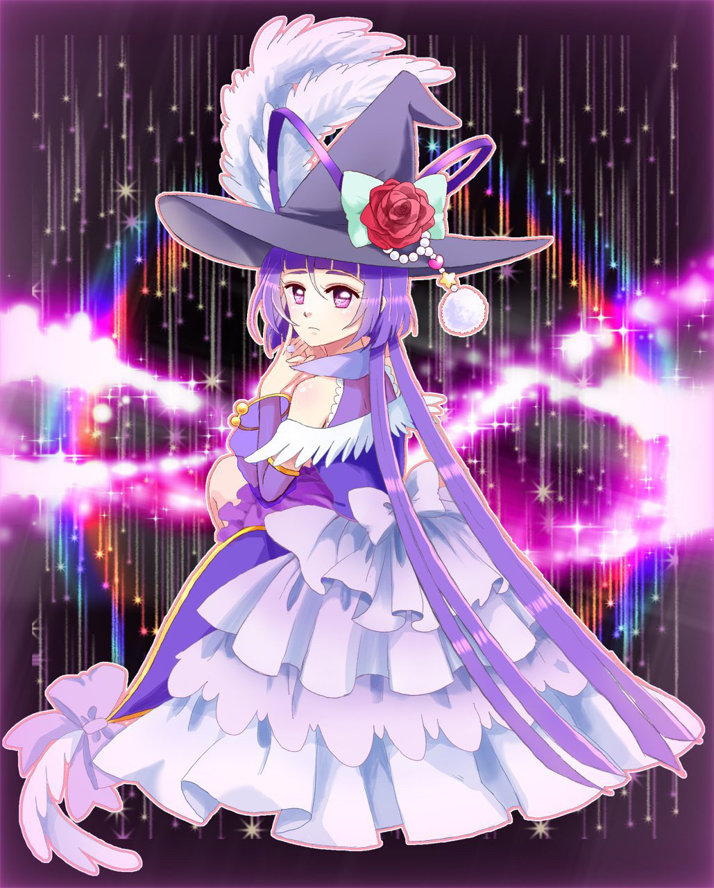 1girl bow commentary_request cure_magical cure_magical_(alexandrite_style) dress expressionless eyelashes flower green_bow hat hat_bow hat_flower highres izayoi_liko komanana320 layered_dress long_hair looking_at_viewer magical_girl mahou_girls_precure! precure purple_dress purple_eyes purple_hair purple_theme red_flower red_rose rose solo witch witch_hat