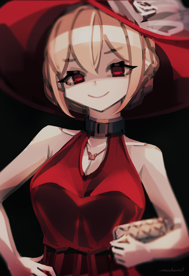 1girl artist_name bare_arms bare_shoulders black_background black_collar blurry breasts cleavage closed_mouth collar collarbone commentary dress hair_between_eyes hair_bun halter_dress halterneck hand_on_own_hip head_tilt holding holding_wallet jewelry large_breasts large_hat looking_at_viewer lycoris_recoil makaroll necklace nishikigi_chisato no_pupils official_alternate_costume red_dress red_eyes red_headwear shaded_face sidelocks simple_background sleeveless sleeveless_dress smile solo two-sided_fabric two-sided_headwear upper_body wallet women's_wallet