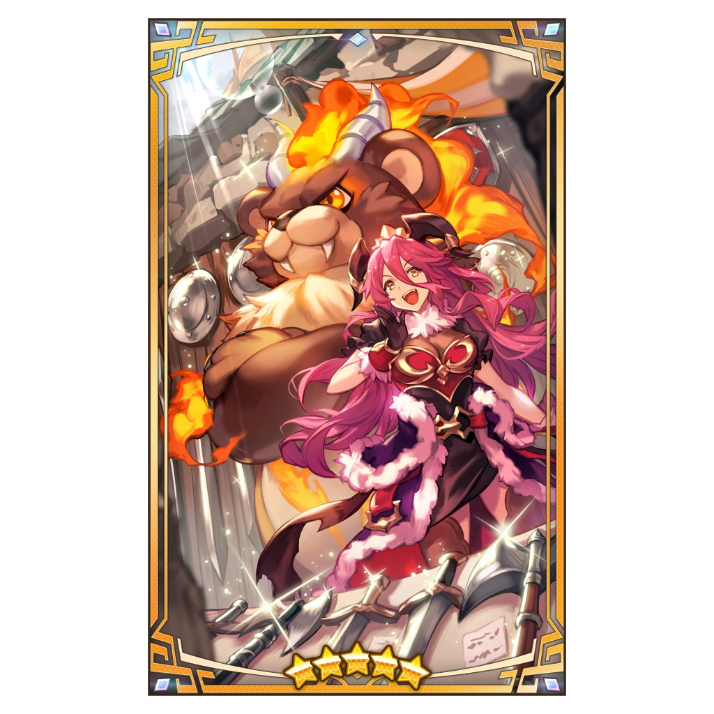 1boy 1girl animal_ears arctos_(dragalia_lost) bear_boy bear_ears calling claws crossed_arms dragalia_lost dragon_girl dragon_horns fiery_hair furry furry_male furry_with_non-furry hand_to_own_mouth horns interspecies lee_hyeseung light_rays looking_ahead mym_(dragalia_lost) official_art open_mouth red_hair shield smile sparkle star_(symbol) sun_glare weapon