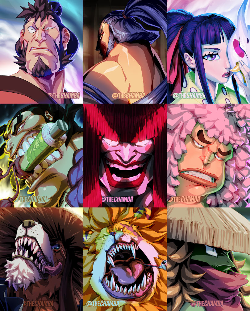 6+boys animal_ears artist_name ashura_doji black_hair blue_hair cat_ears chamba closed_mouth denjirou_(one_piece) dog_ears fangs hat high_ponytail holding holding_mask inuarashi_(one_piece) kanjuro kawamatsu kikunojo_(one_piece) kinemon long_hair looking_at_viewer looking_back mask medium_hair mouth_hold multiple_boys nekomamushi one_piece open_mouth orange_hair otoko_no_ko pink_hair pipe_in_mouth ponytail raizo_(one_piece) red_hair scroll sharp_teeth short_hair smile smoking_pipe teeth thick_eyebrows tongue tongue_out whiskers