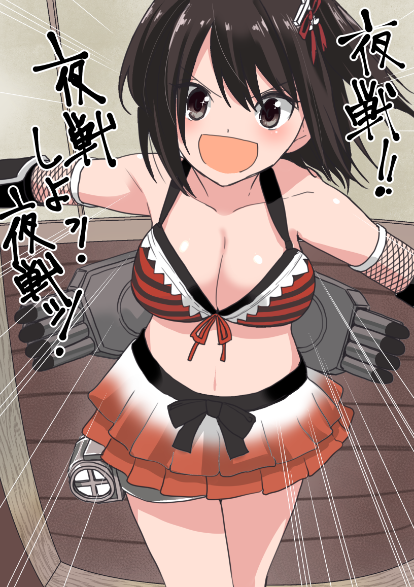 &gt;:) alternate_costume bikini breasts brown_eyes brown_hair determined elbow_gloves fishnet_armwear frilled_bikini frills gloves hair_ornament kantai_collection large_breasts masukuza_j multicolored_clothes multicolored_swimsuit navel night_battle_idiot open_mouth opening_door searchlight sendai_(kancolle) striped striped_bikini swimsuit torpedo_launcher torpedo_tubes two_side_up v-shaped_eyebrows wooden_floor