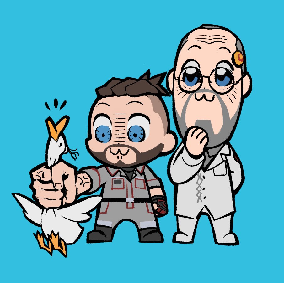 2boys :3 anger_vein animal atomic_heart bird bkub_(style) character_request chibi constricted_pupils duck facial_hair fukurau full_beard grey_jumpsuit hand_on_own_chin holding holding_animal jumpsuit male_focus mature_male multiple_boys mustache notice_lines old old_man p-3_(atomic_heart) poptepipic raised_eyebrows receding_hairline short_hair strangling stroking_beard stroking_own_chin suit thick_eyebrows undercut wrinkled_skin