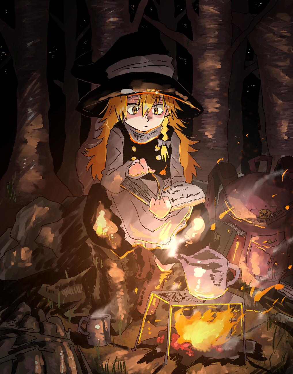 1girl apron backpack bag bare_tree black_headwear black_skirt black_vest blonde_hair book boots bow braid brown_footwear buttons campfire closed_mouth cup fire frilled_apron frills full_body hair_bow hat highres holding holding_book inuyama_konan kettle kirisame_marisa long_hair long_sleeves mug night open_book outdoors reading shirt single_braid sitting skirt solo star_(sky) steam touhou tree turtleneck vest waist_apron white_apron white_bow white_shirt witch_hat yellow_eyes