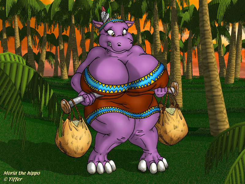anthro badgerben bag big_breasts breasts carrying clothing detailed_background feathers female forest forest_background hippopotamid huge_breasts looking_down mammal moria_(badgerben) nature nature_background nervous overweight overweight_female plant purple_body solo tree wide_hips