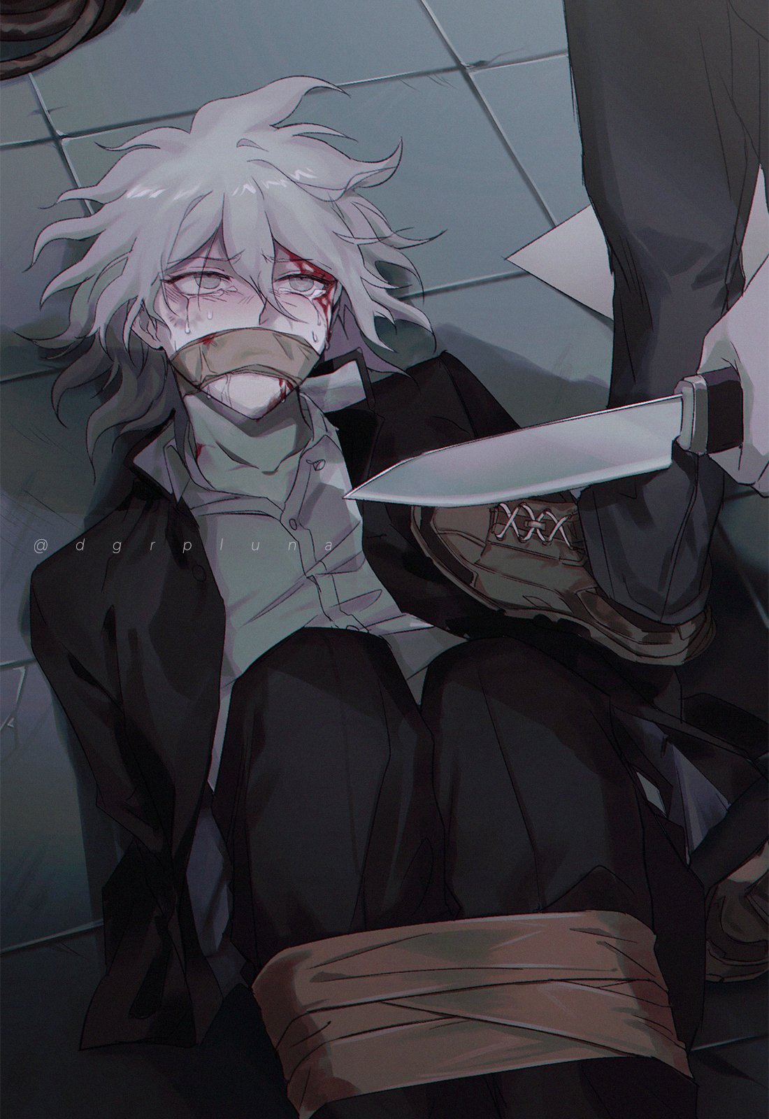 2boys alternate_costume artist_name black_jacket black_pants blood blood_on_face boleum_(dgrpluna) brown_footwear brown_pants collarbone crying danganronpa_(series) danganronpa_2:_goodbye_despair gag grey_hair grey_shirt hair_between_eyes highres holding holding_knife improvised_gag jacket knife komaeda_nagito looking_at_another messy_hair multiple_boys open_clothes open_jacket pants shirt shoes tape tape_gag tile_floor tiles