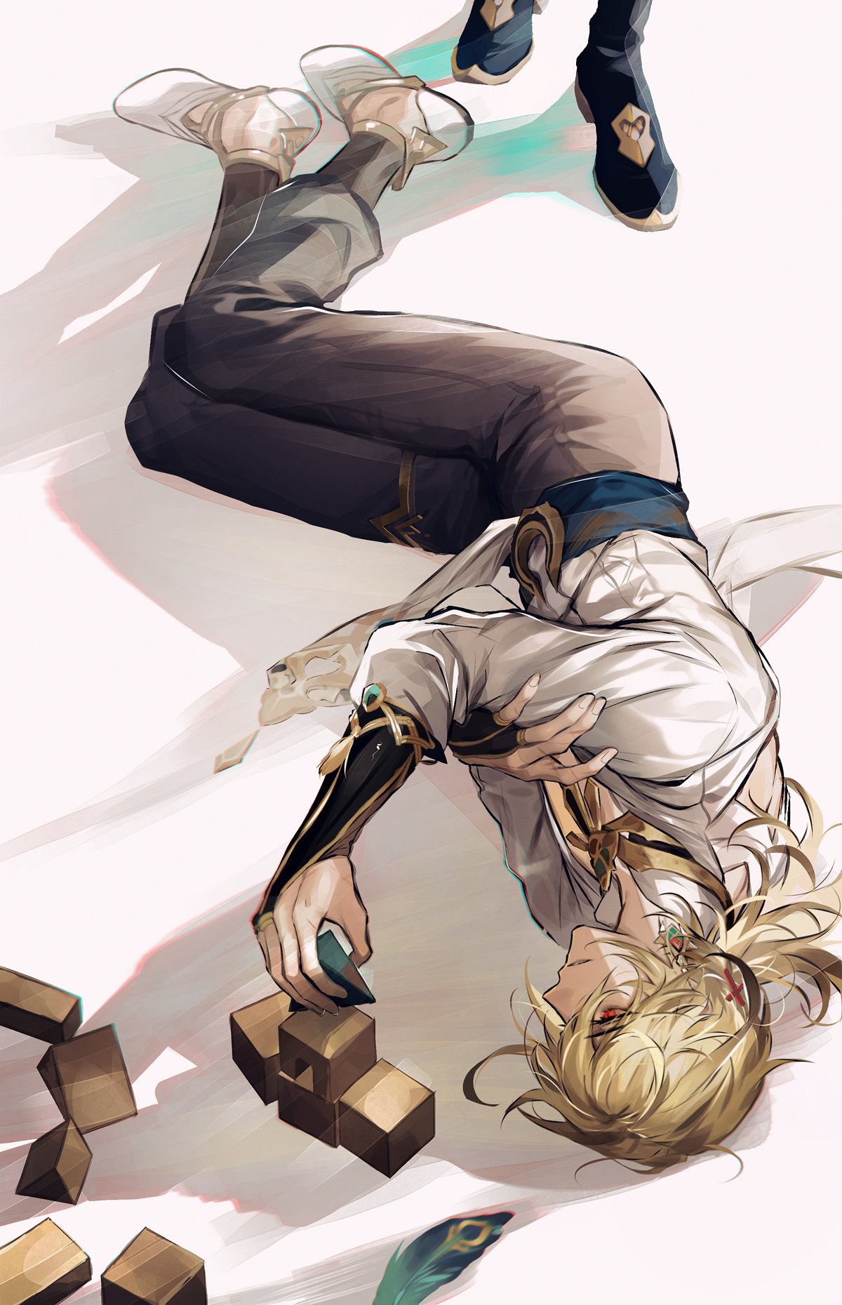 1boy 1other black_pants block blonde_hair bridal_gauntlets commentary_request feathers full_body genshin_impact godwkgodwk highres kaveh_(genshin_impact) korean_commentary long_sleeves lying male_focus on_ground on_side pants ponytail shirt shoes short_hair solo_focus toned toned_male white_background white_footwear white_shirt