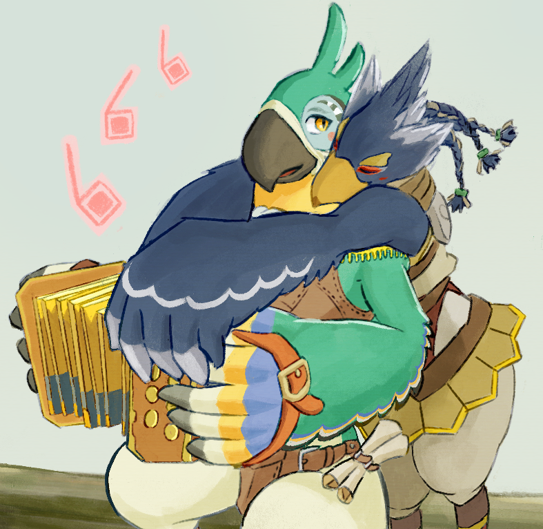 accordion anthro avian beak blue_body blue_feathers braided_hair braided_ponytail breath_of_the_wild duo embrace feathers hair hug hugging_from_behind kass_(tloz) male male/male musical_instrument nintendo ponytail revali rito sheep_riritoto size_difference the_legend_of_zelda
