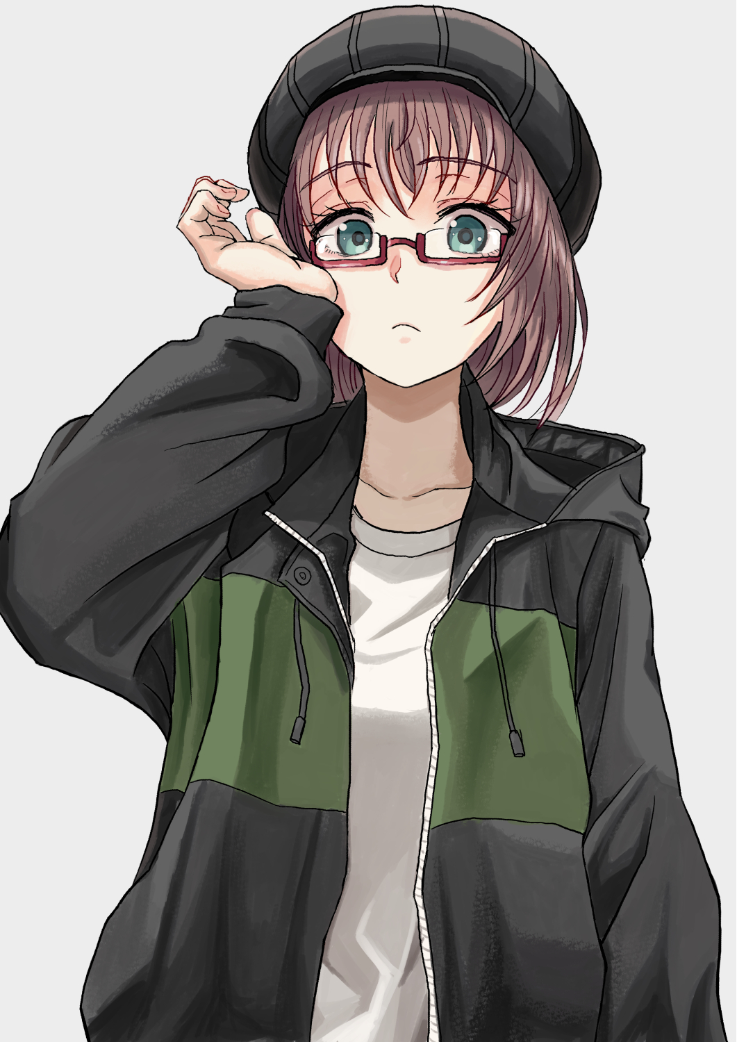 1girl adjusting_eyewear bang_dream! blue_eyes brown_hair brown_headwear collarbone eyelashes frown grey_background highres hood hooded_jacket ishinomaki_rokorou jacket long_sleeves red-framed_eyewear semi-rimless_eyewear shirt short_hair single_stripe sketch solo white_shirt yamato_maya