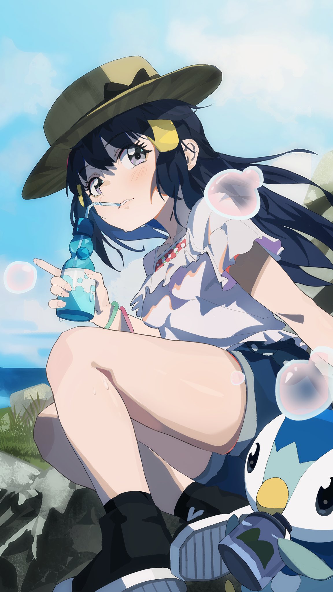 1girl bird black_bow black_bowtie black_footwear blue_hair blue_sky bottle bow bowtie breasts bubble cloud denim denim_shorts drink drinking drinking_straw frilled_shirt frills gbbgb321 grass grey_eyes hat highres horizon long_hair penguin piplup pokemon pokemon_(creature) pokemon_(game) pokemon_dppt rock shirt shoes shorts sky small_breasts water white_shirt