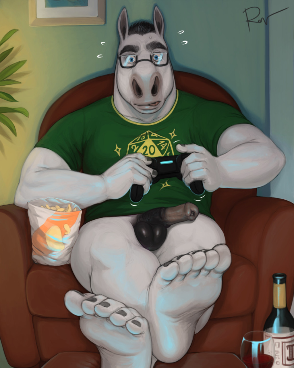 2020 animal_genitalia animal_penis anthro balls biceps blue_eyes bottomless bottomless_male clothed clothing container controller cup d20 dice drinking_glass equid equine equine_genitalia equine_penis eyewear feet game_controller gaming genitals glass glass_container glass_cup glasses green_clothing green_shirt green_topwear hi_res horse inside jock male mammal manly muscular muscular_legs nerd penis playing_videogame rov shirt solo topwear triceps wine_bottle wine_glass