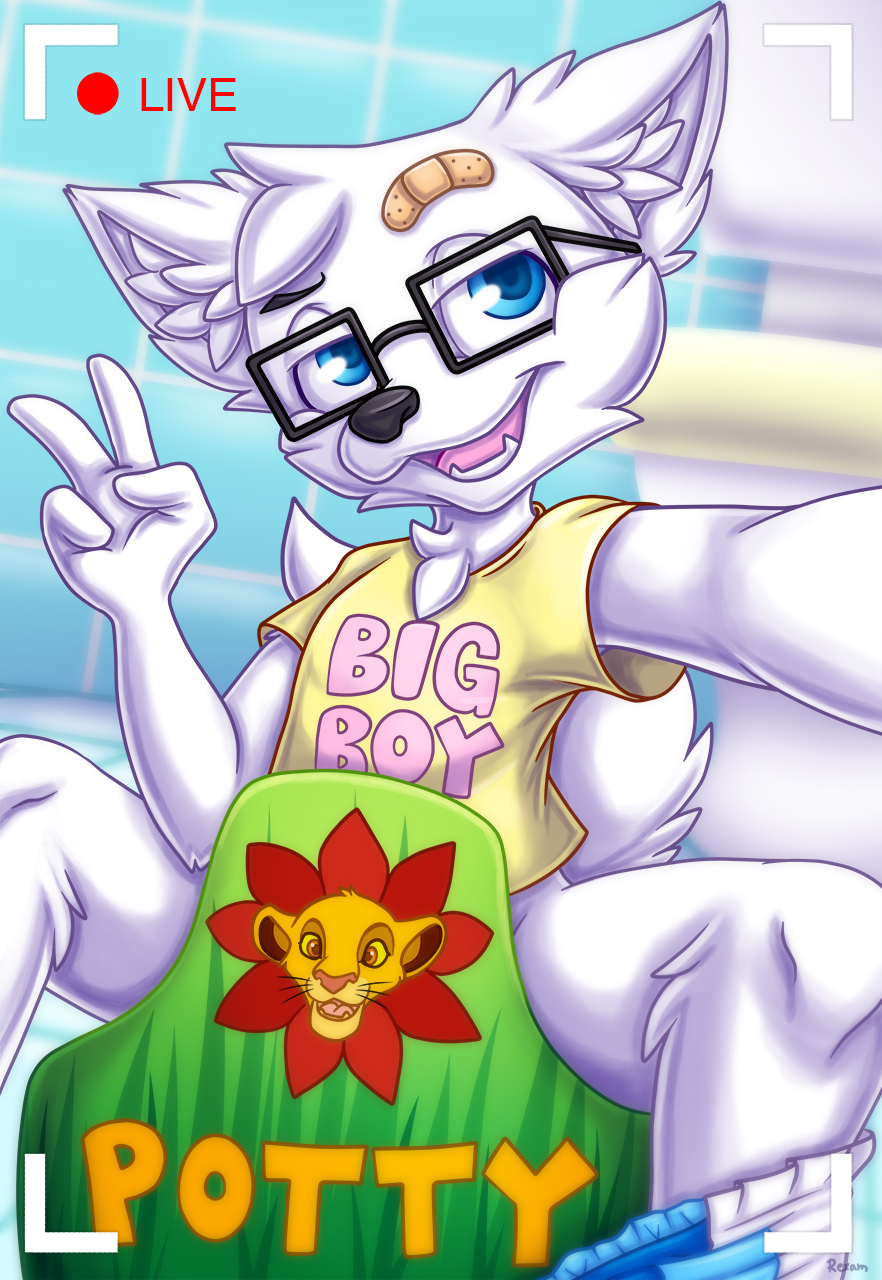 anthro arctic_fox arm_outstretched bandage bathroom bow_legged canid canine diaper diaper_around_ankles disney eyewear fox fur glasses hi_res implied_pooping infantilism mammal potty recording rexam-1 simba_(the_lion_king) sitting solo taking_selfie the_lion_king white_body white_fur