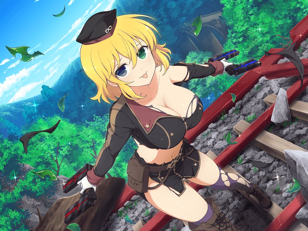 ankle_socks bench blonde_hair blue_eyes breasts bridge cleavage cloud cloudy_sky day forest green_eyes gun hat heterochromia holding holding_gun holding_weapon large_breasts leaf nature navel non-web_source official_art railroad_tracks ryouna_(senran_kagura) senran_kagura senran_kagura_new_link short_hair sky socks tongue tongue_out torn_clothes weapon